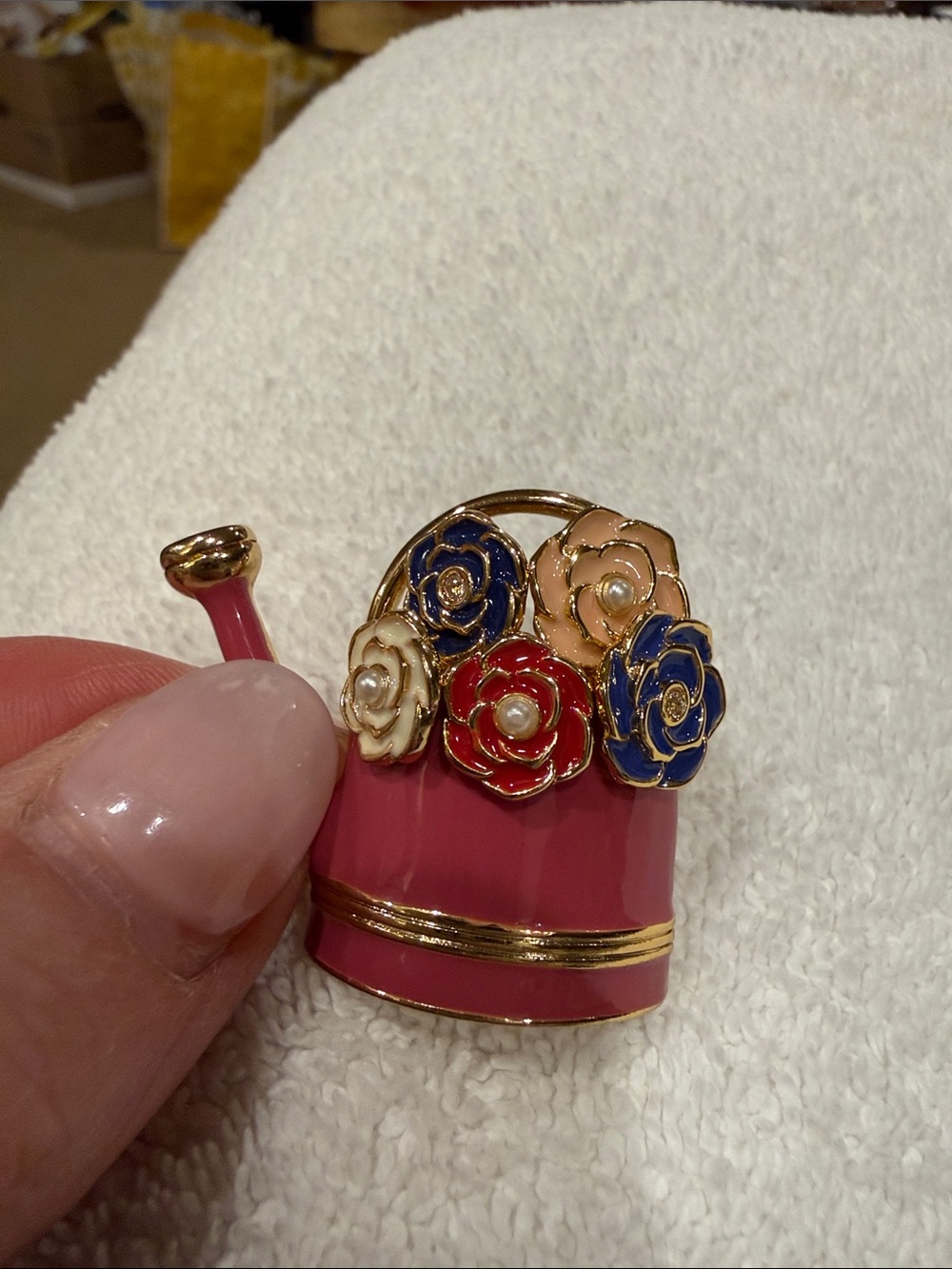 Talbots Pink Enamel Watering Can Flower Bouquet Brooch